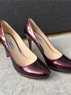 Prada Metallic Burgundy Patent Leather Stiletto Pumps